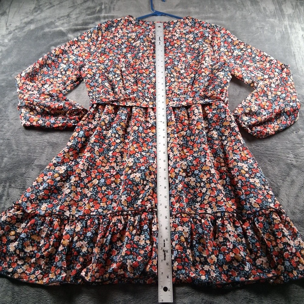 NWT Cupshe Floral Mini Dress Womens XL Multicolor V-Neck Long Sleeve Ruffle Hem